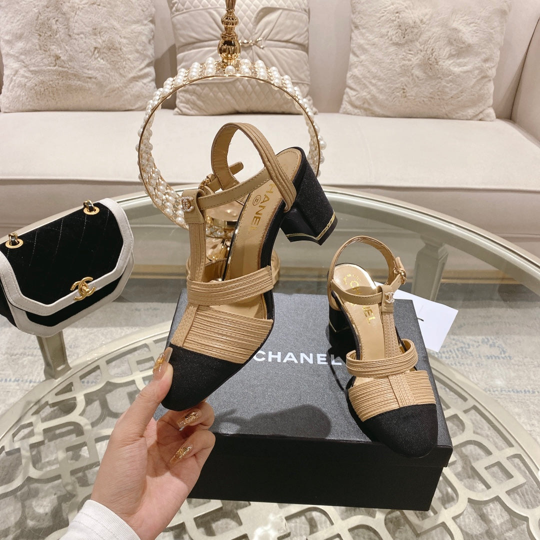Double C  Heeled Sandals Tan Cream Lambskin - 35