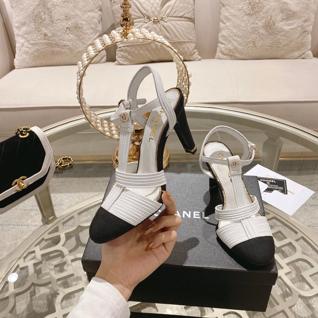 Double C  Heeled Sandals White Black Lambskin - 35