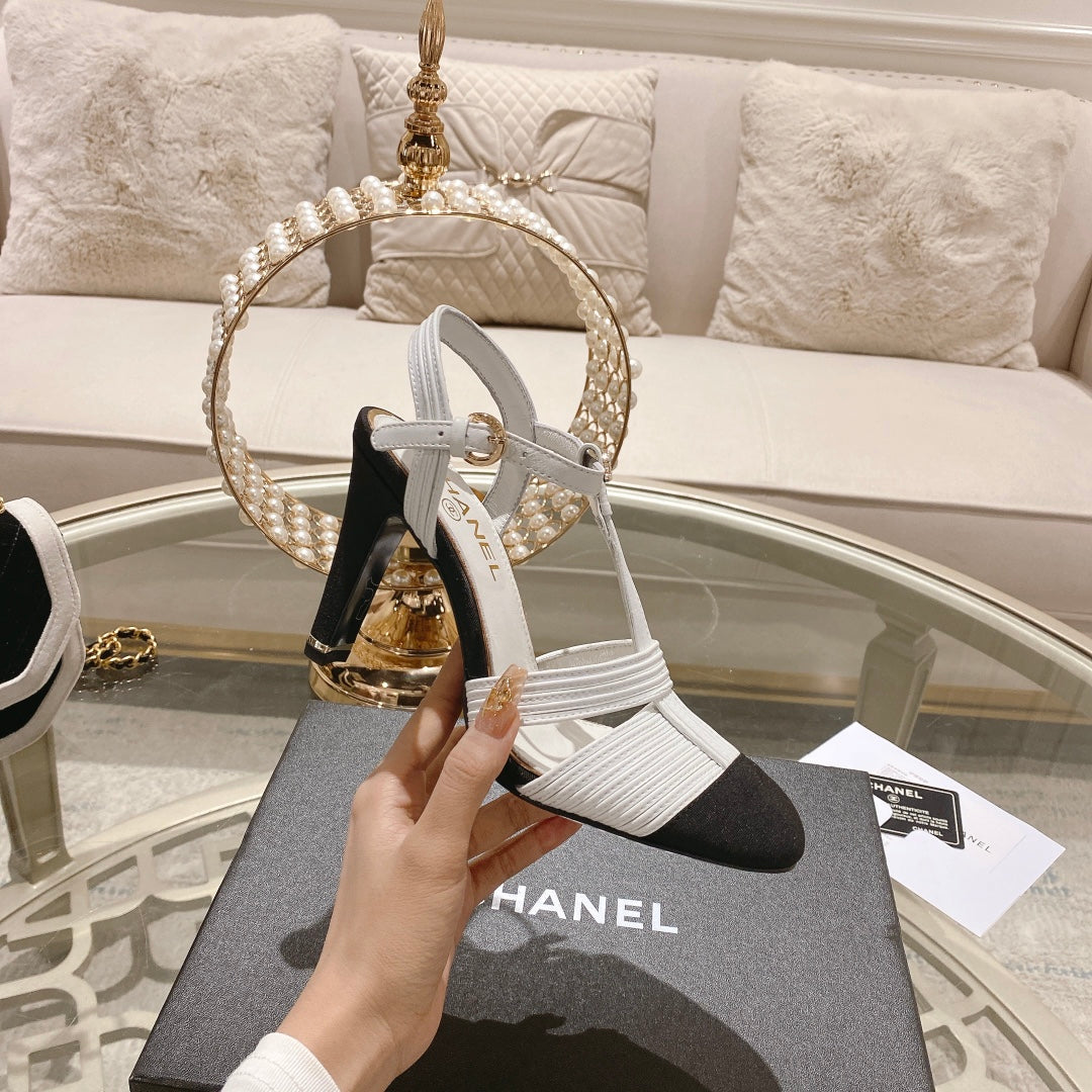 Double C  Heeled Sandals White Black Lambskin - 35