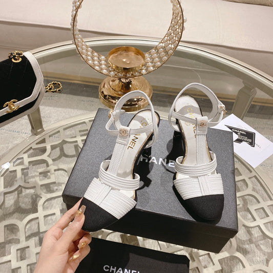 Double C  Heeled Sandals White Black Lambskin - 35