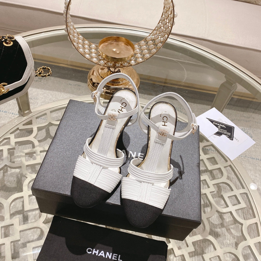 Double C  Heeled Sandals White Black Lambskin - 35