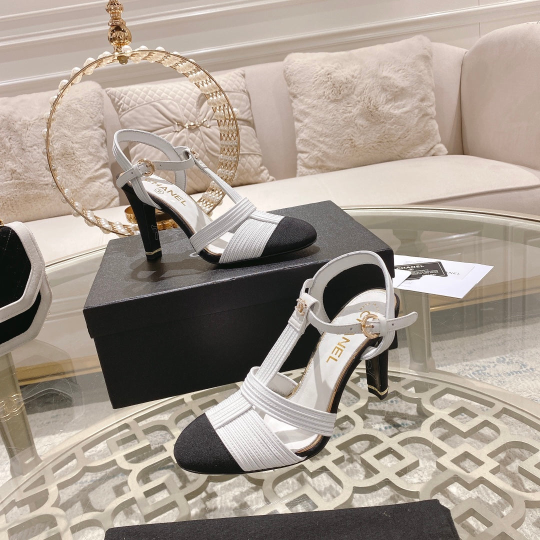Double C  Heeled Sandals White Black Lambskin - 35