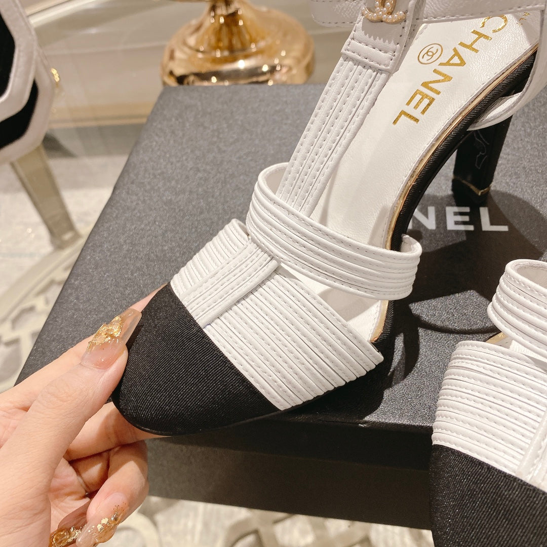Double C  Heeled Sandals White Black Lambskin - 35