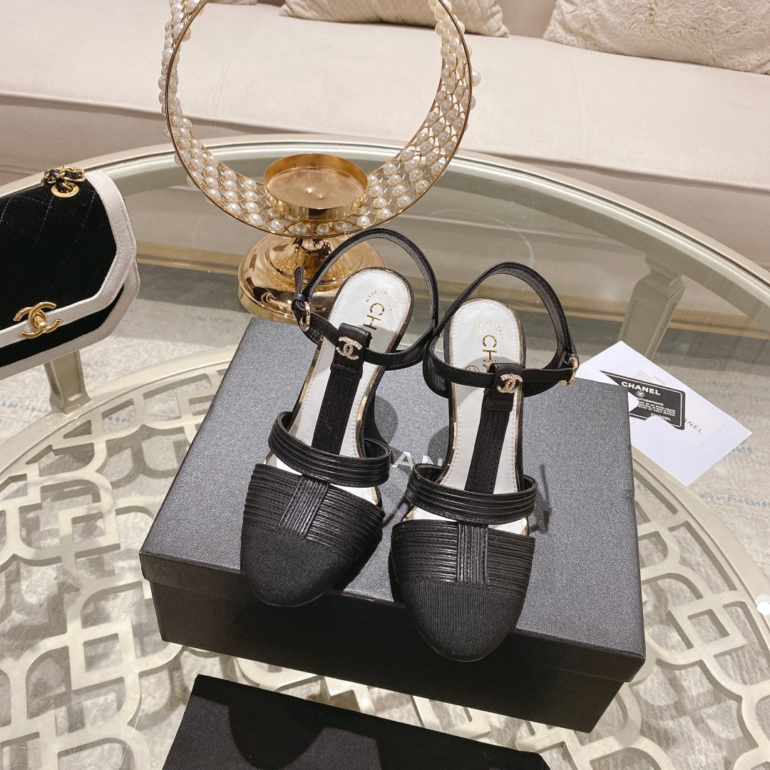 Double C  Heeled Sandals Black Lambskin - 35