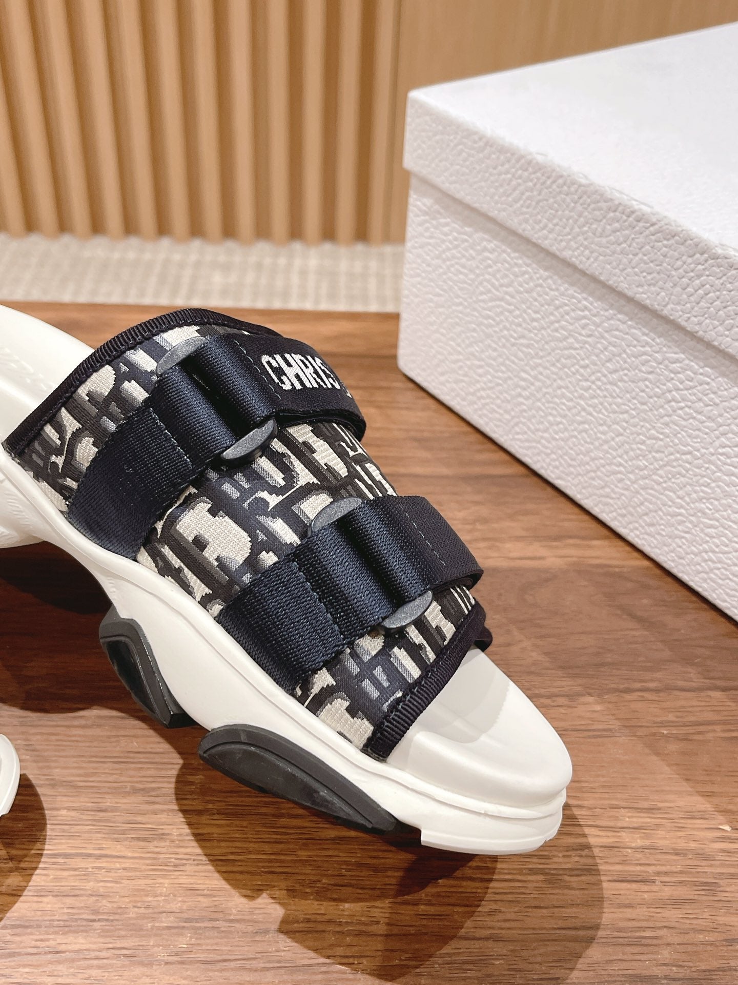 DIOR PLATFORM SLIDES 25S 30 MM IN MIDNIGHT BLUE MIX WHITE FABRIC AND CALFSKIN - 35