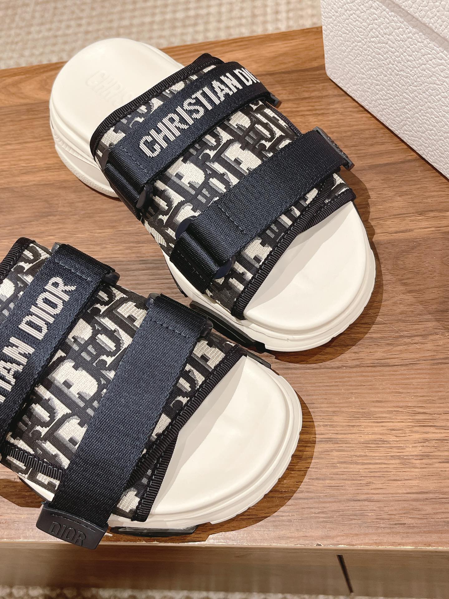 DIOR PLATFORM SLIDES 25S 30 MM IN MIDNIGHT BLUE MIX WHITE FABRIC AND CALFSKIN - 35