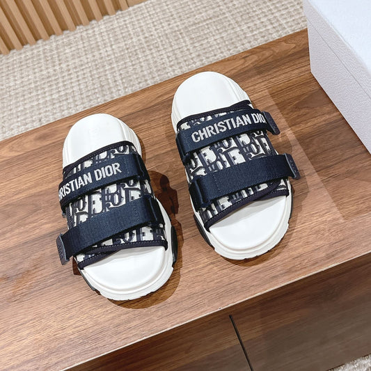 DIOR PLATFORM SLIDES 25S 30 MM IN MIDNIGHT BLUE MIX WHITE FABRIC AND CALFSKIN - 35