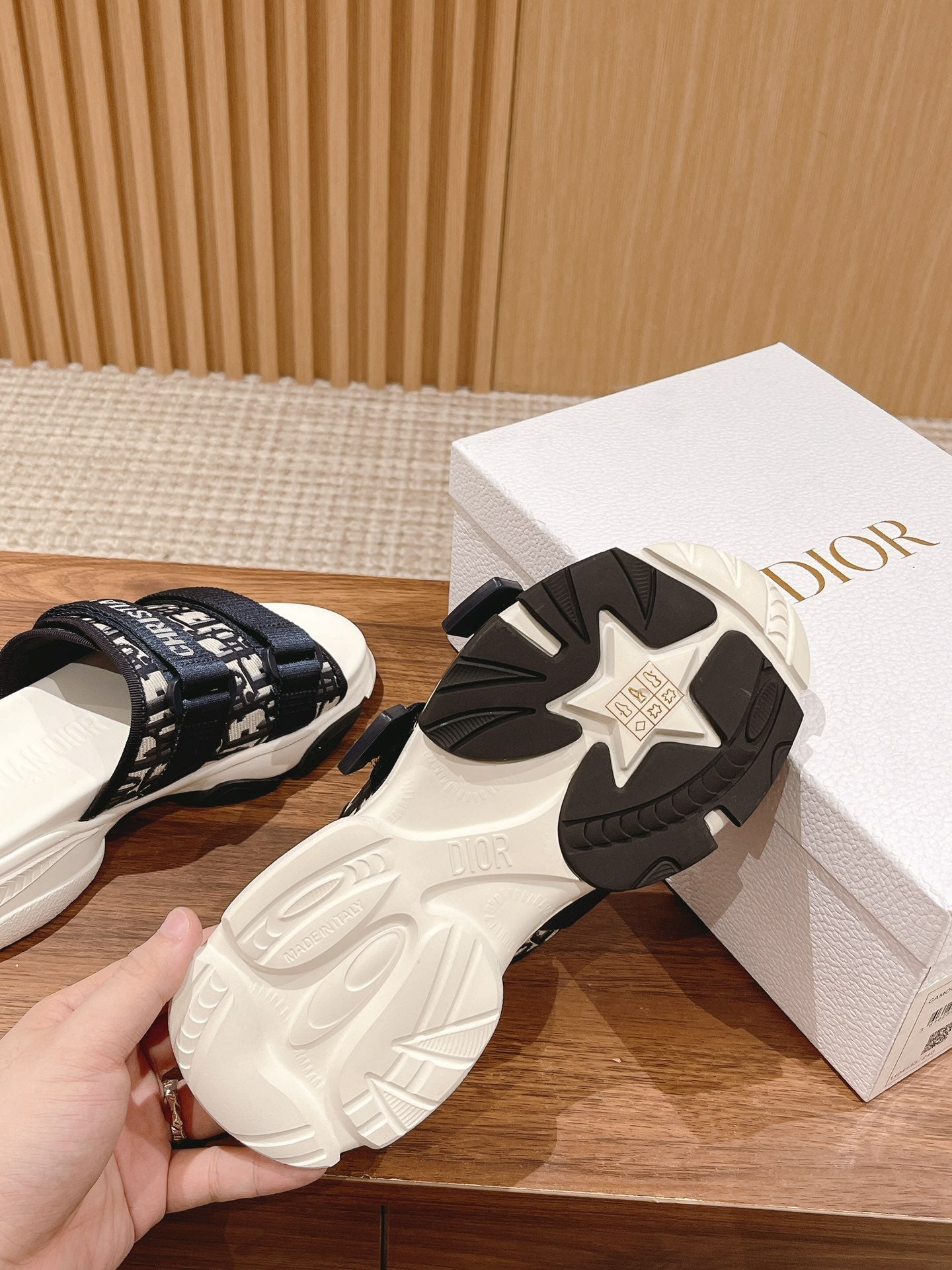 DIOR PLATFORM SLIDES 25S 30 MM IN MIDNIGHT BLUE MIX WHITE FABRIC AND CALFSKIN - 35