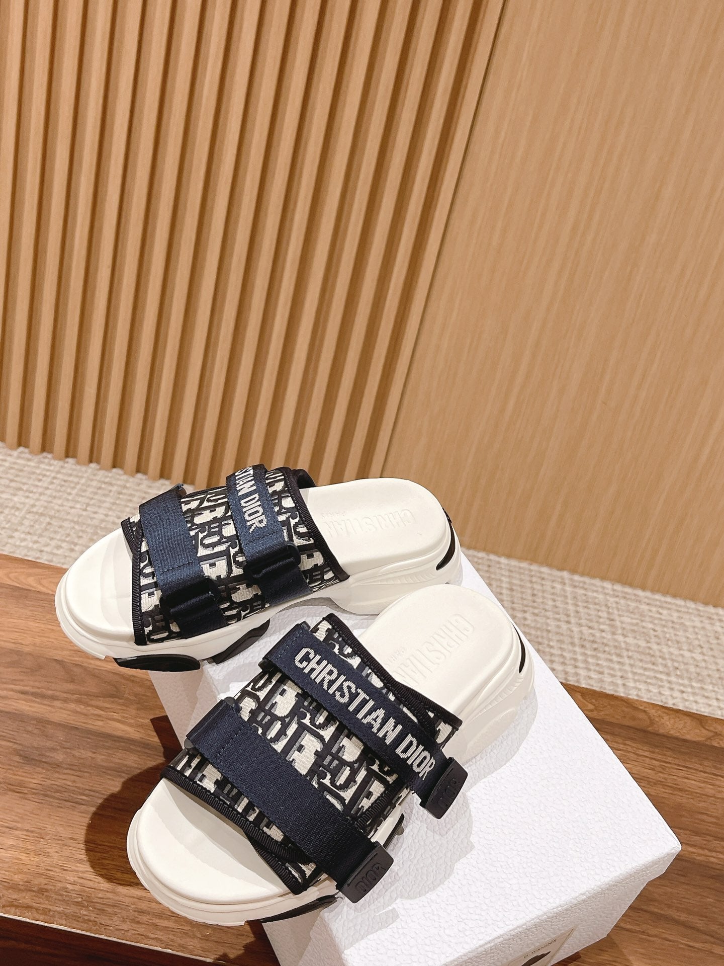 DIOR PLATFORM SLIDES 25S 30 MM IN MIDNIGHT BLUE MIX WHITE FABRIC AND CALFSKIN - 35