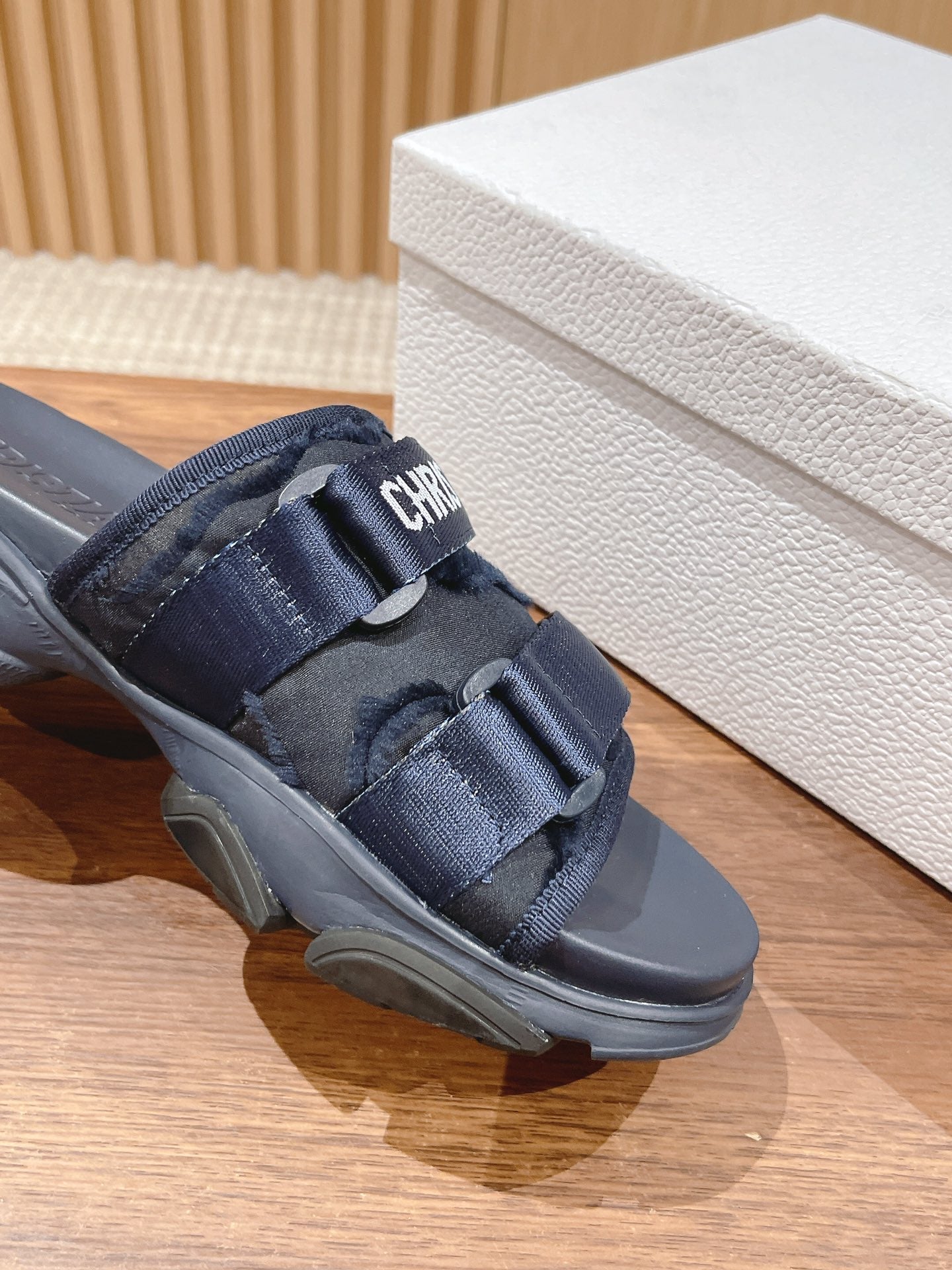 DIOR PLATFORM SLIDES 25S 30 MM IN MIDNIGHT BLUE FABRIC AND CALFSKIN - 35