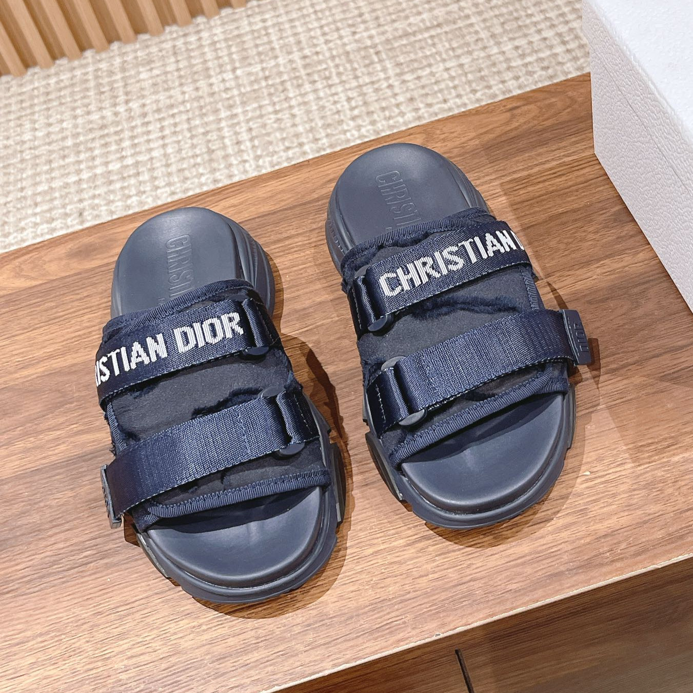 DIOR PLATFORM SLIDES 25S 30 MM IN MIDNIGHT BLUE FABRIC AND CALFSKIN - 35