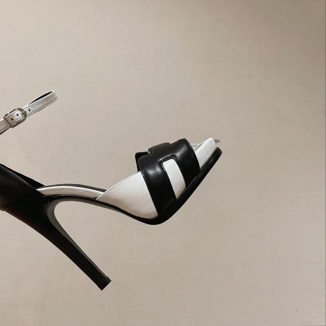 H - CLASSIC SANDAL 125 BLACK MIX WHITE LAMBSKIN - 35