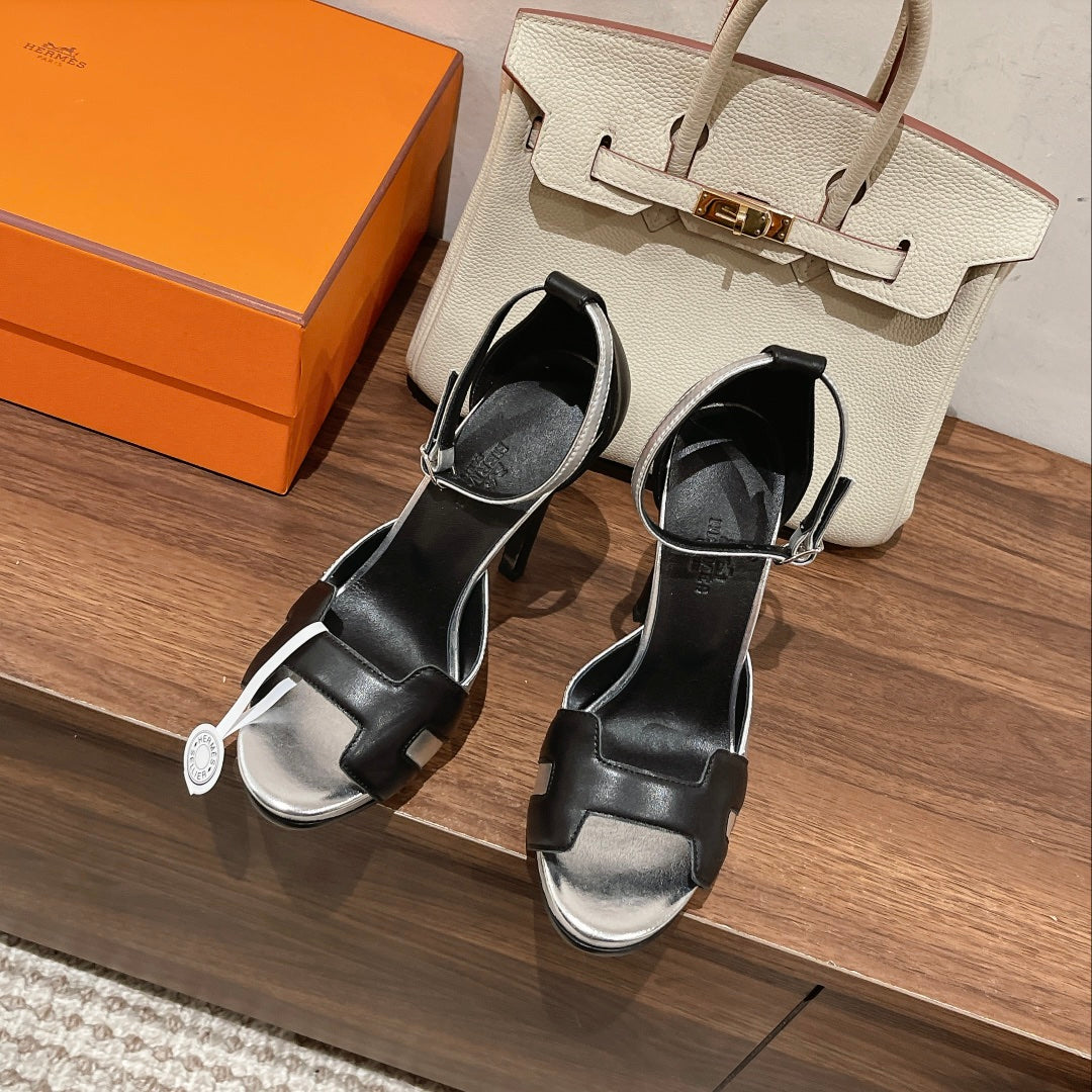 H - CLASSIC SANDAL 125 BLACK MIX BRIGHT SILVER LAMBSKIN - 35