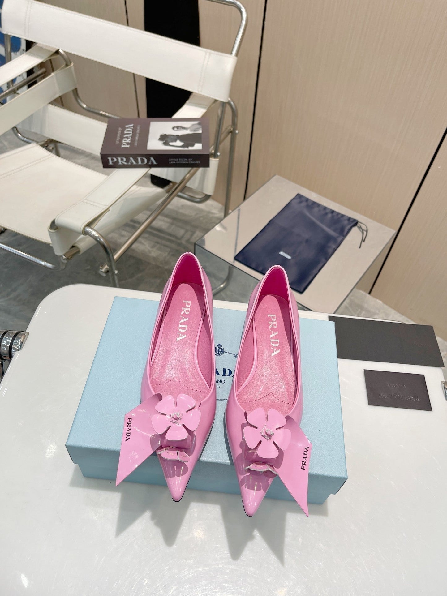 BALLET FLATS POINTED TOE IN PINK SHINY CALFSKIN ATTACHED FLOWERS - 34