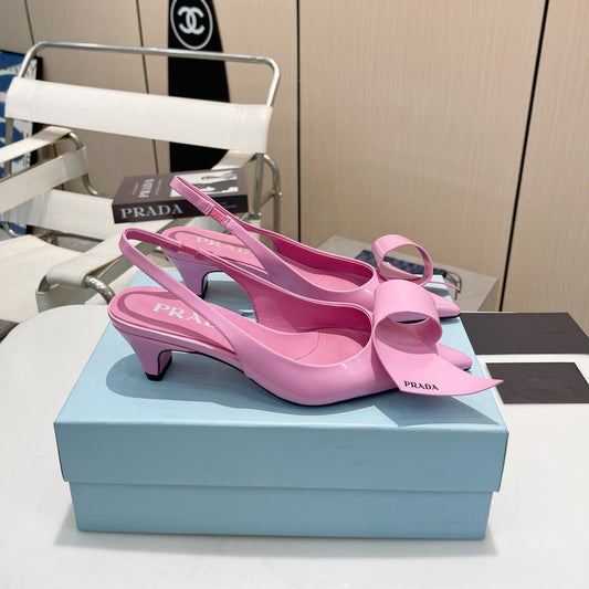 POINTED TOE SLINGBACK KITTEN HEEL WITH BOW IN PINK GLOSSY LAMBSKIN - 34
