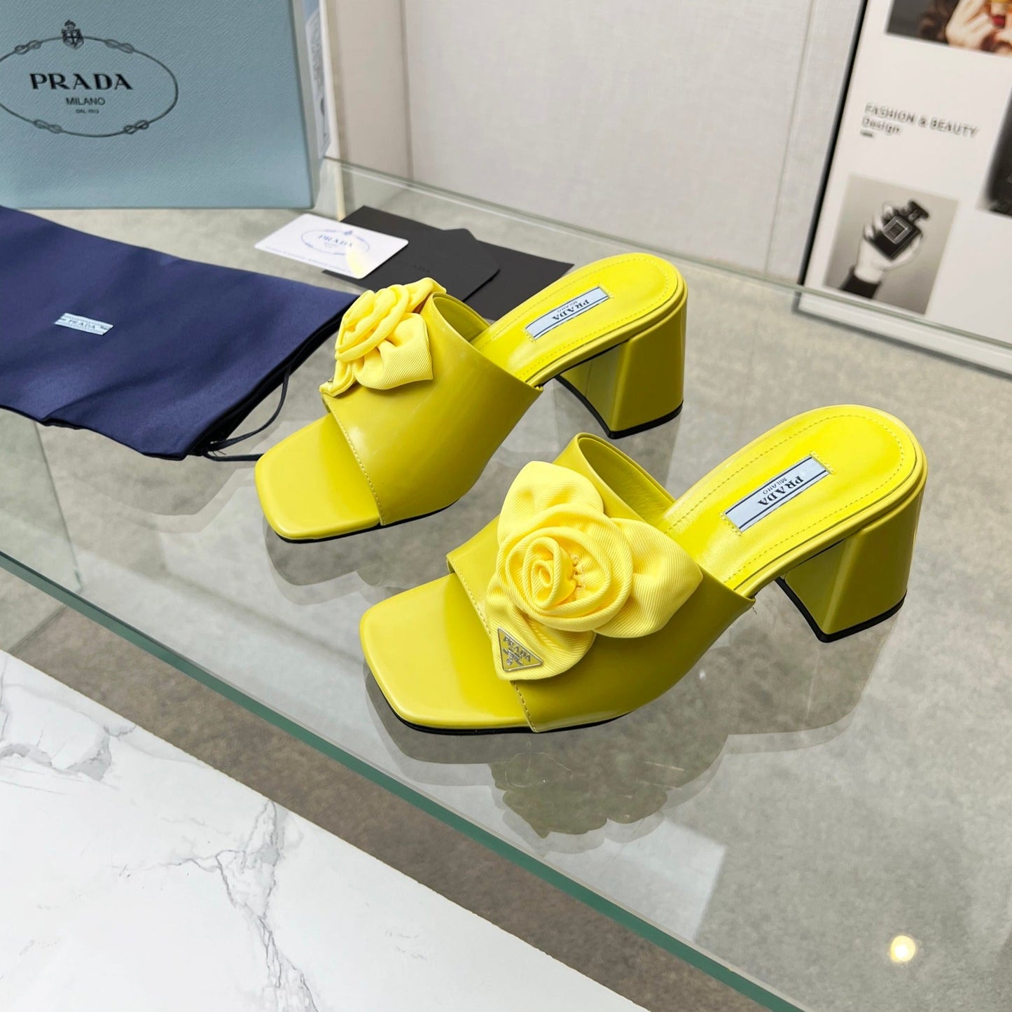 PRA FLOWER BLOCK HEELS 75 LEMON CALFSKIN - 35