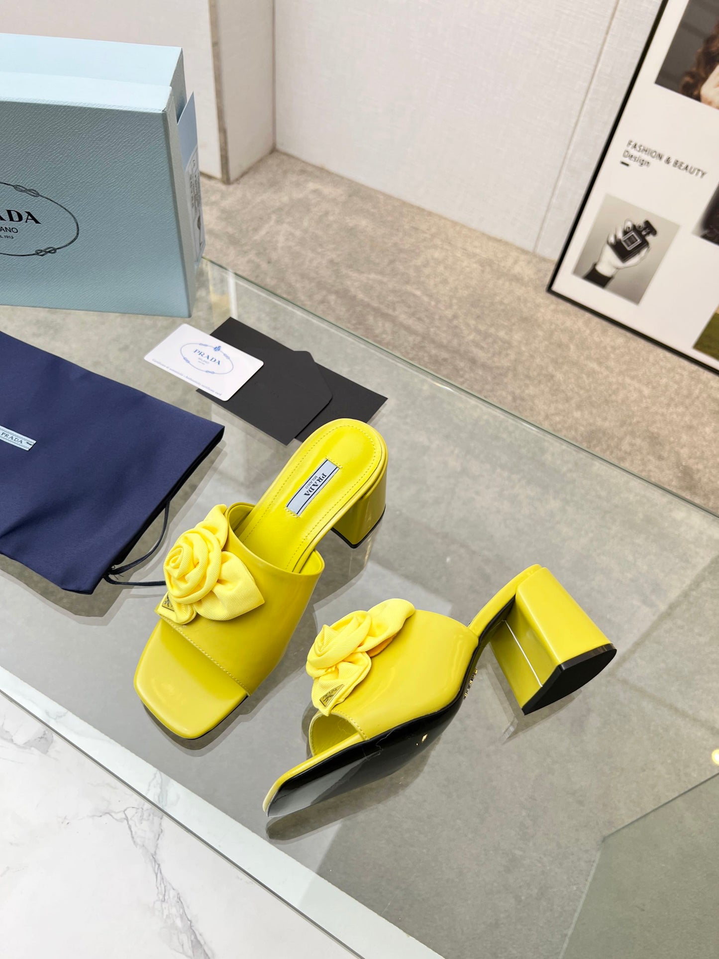 PRA FLOWER BLOCK HEELS 75 LEMON CALFSKIN - 35