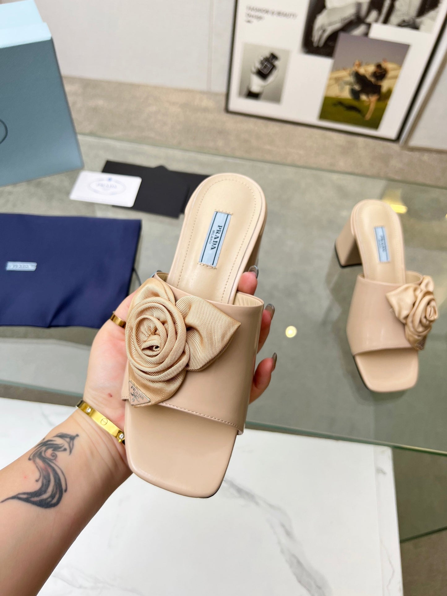 PRA FLOWER BLOCK HEELS 75 BEIGE CALFSKIN - 35