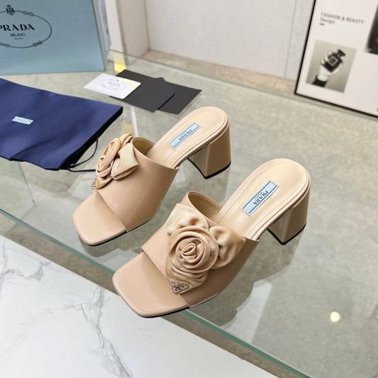 PRA FLOWER BLOCK HEELS 75 BEIGE CALFSKIN - 35