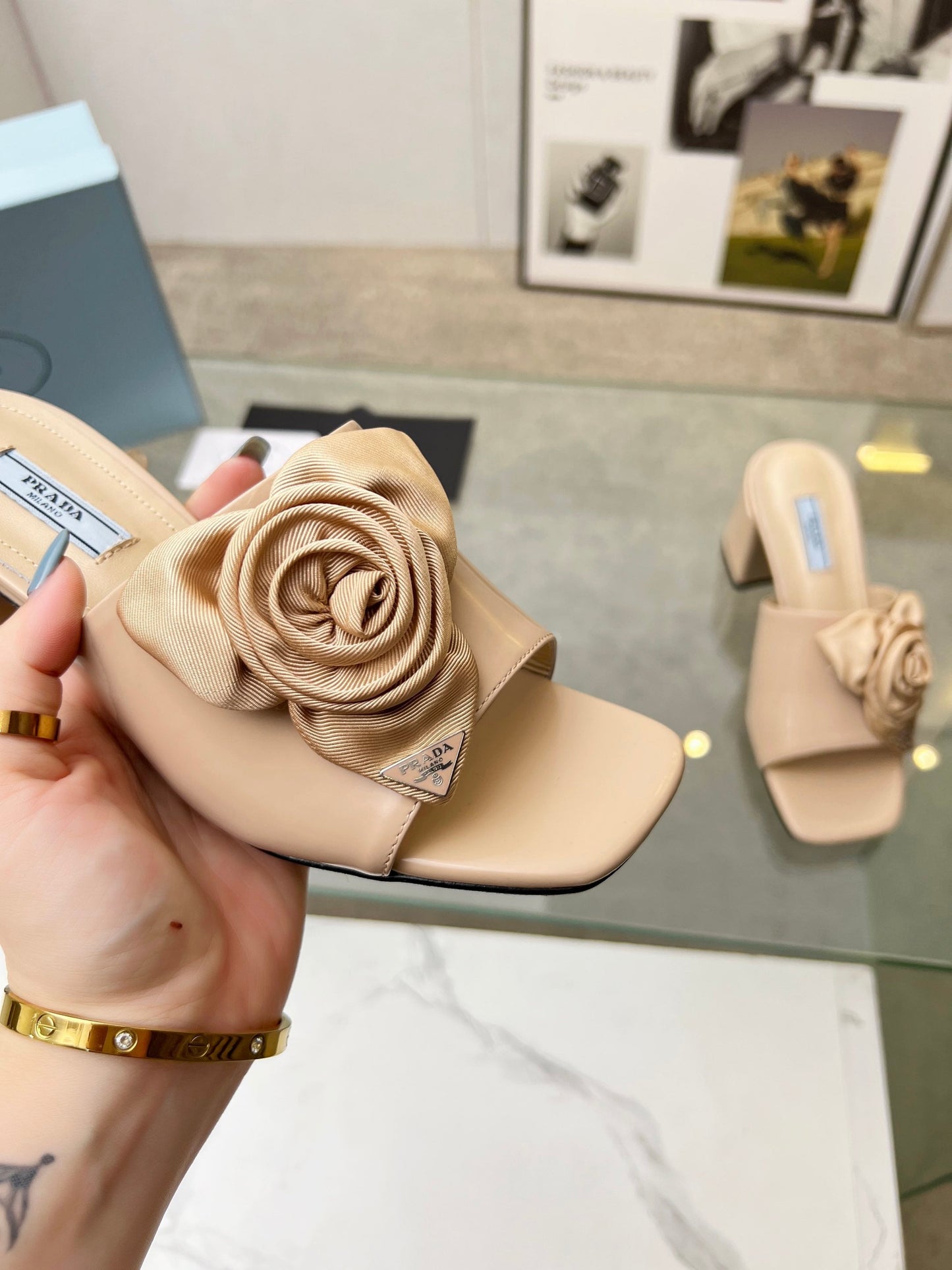 PRA FLOWER BLOCK HEELS 75 BEIGE CALFSKIN - 35