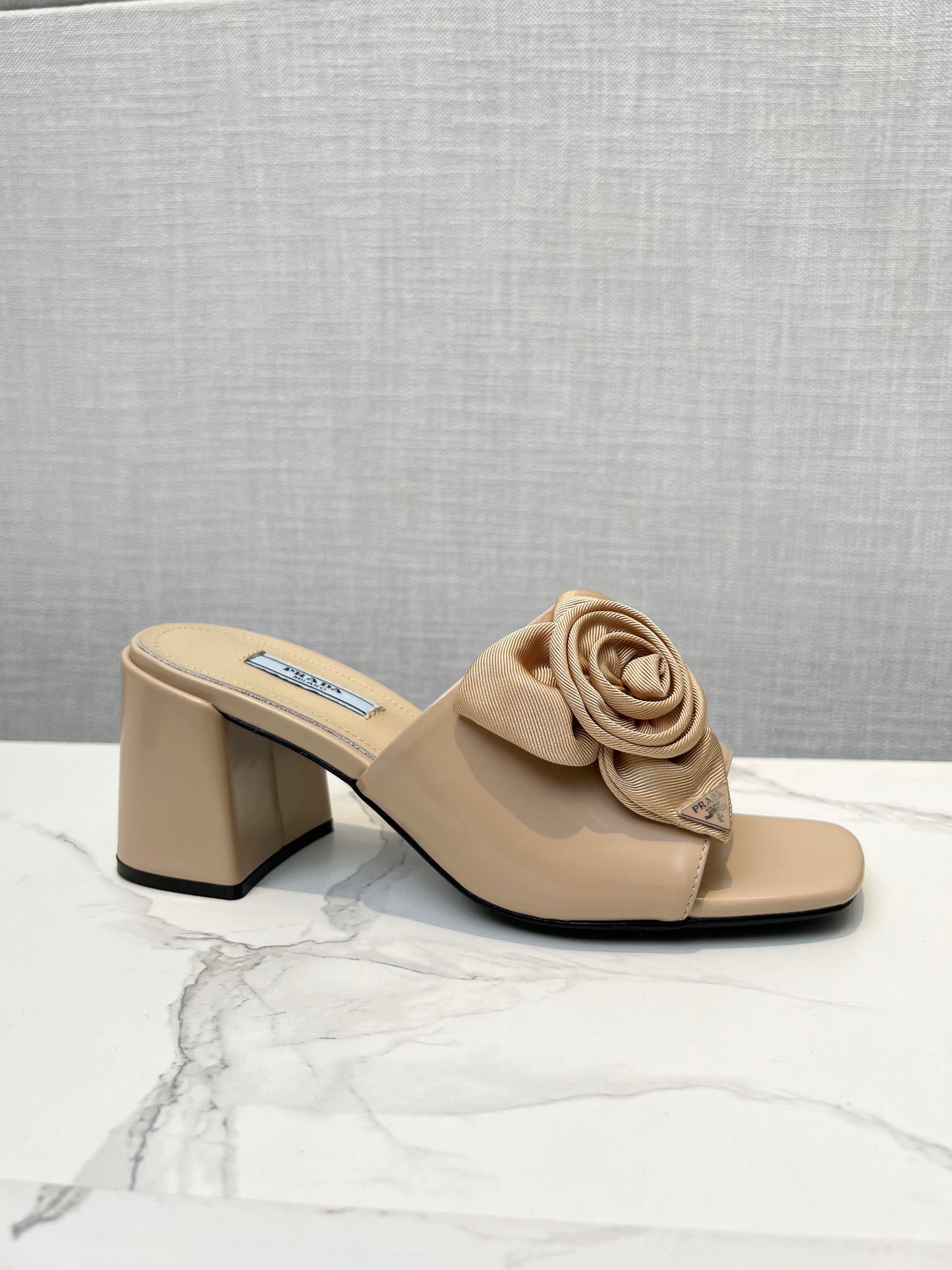 PRA FLOWER BLOCK HEELS 75 BEIGE CALFSKIN - 35