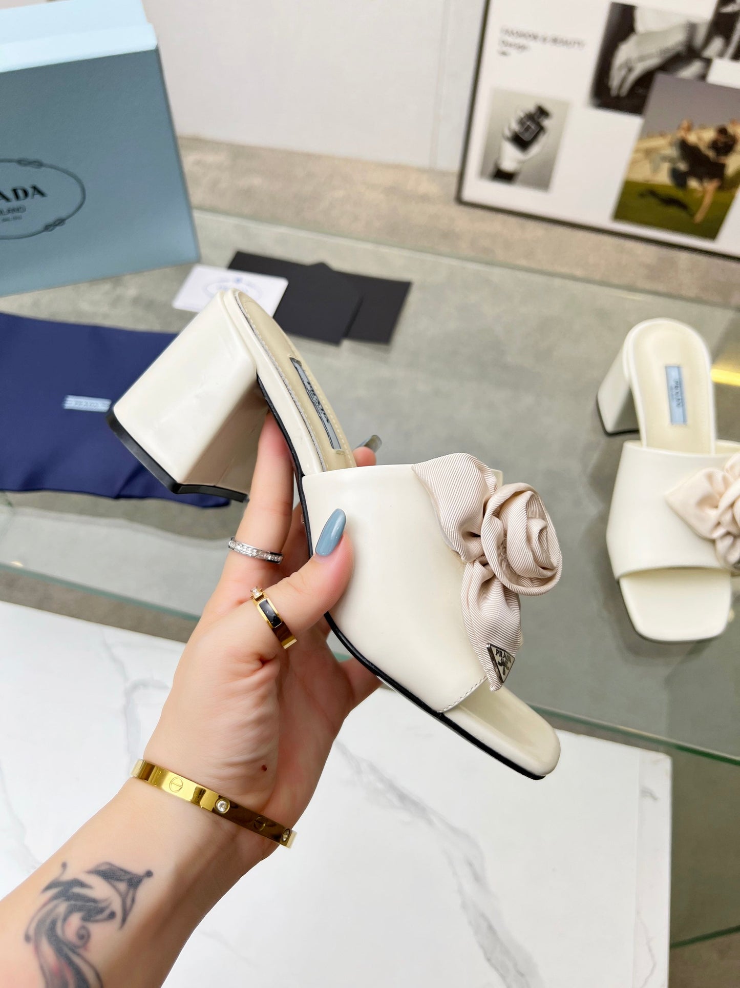 PRA FLOWER BLOCK HEELS 75 IVORY CALFSKIN - 35
