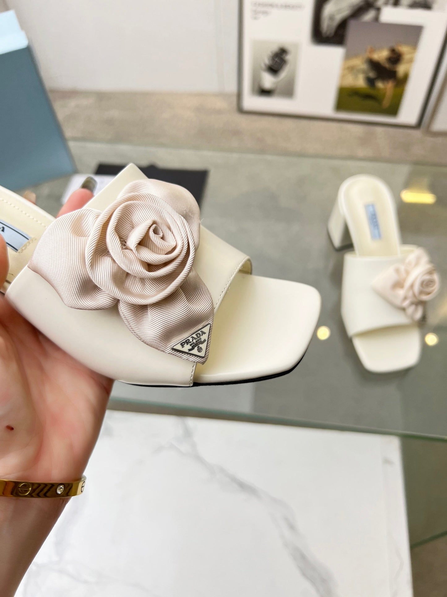 PRA FLOWER BLOCK HEELS 75 IVORY CALFSKIN - 35