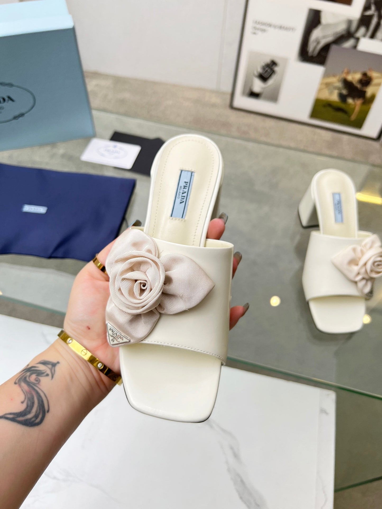 PRA FLOWER BLOCK HEELS 75 IVORY CALFSKIN - 35