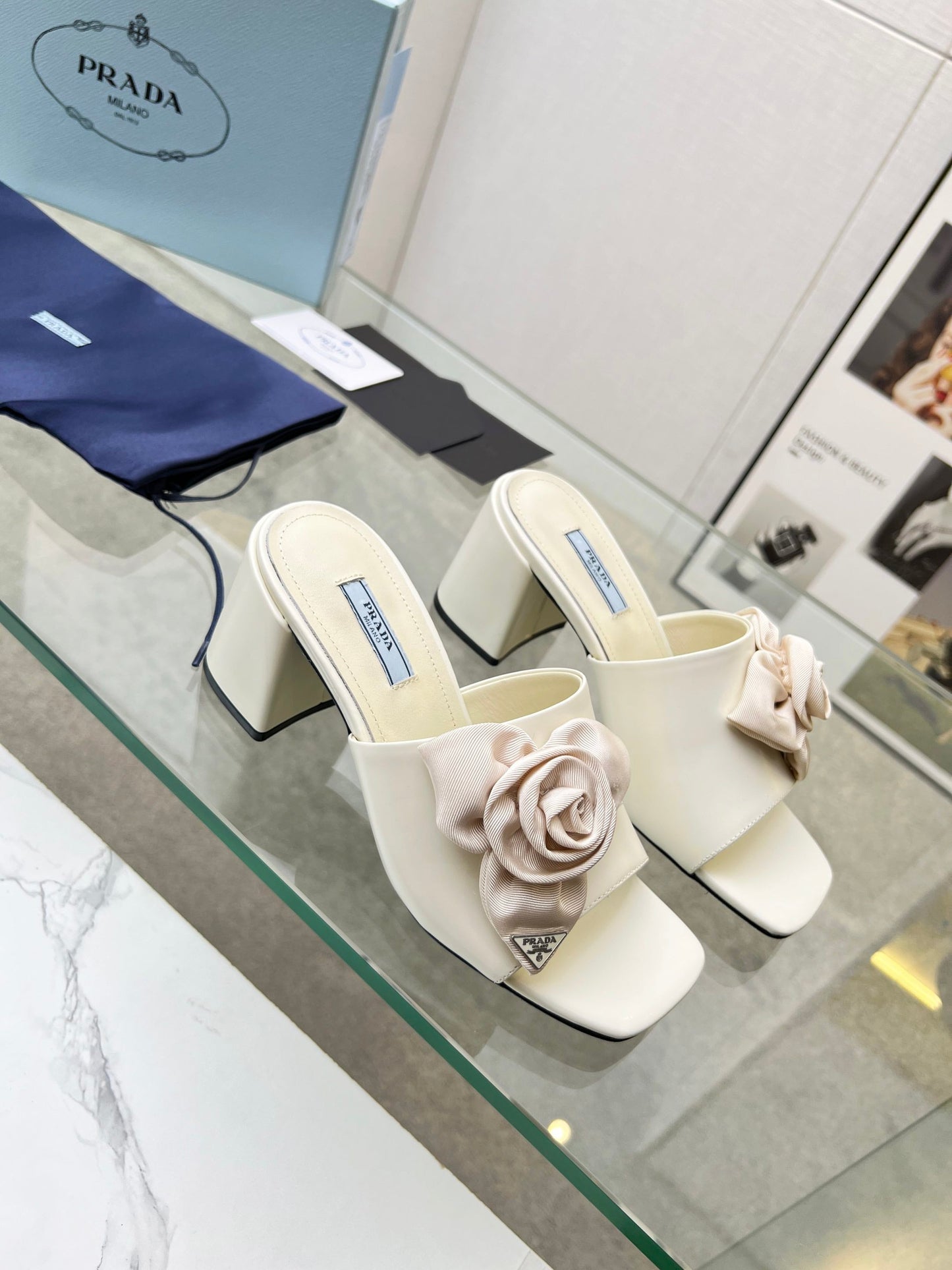 PRA FLOWER BLOCK HEELS 75 IVORY CALFSKIN - 35