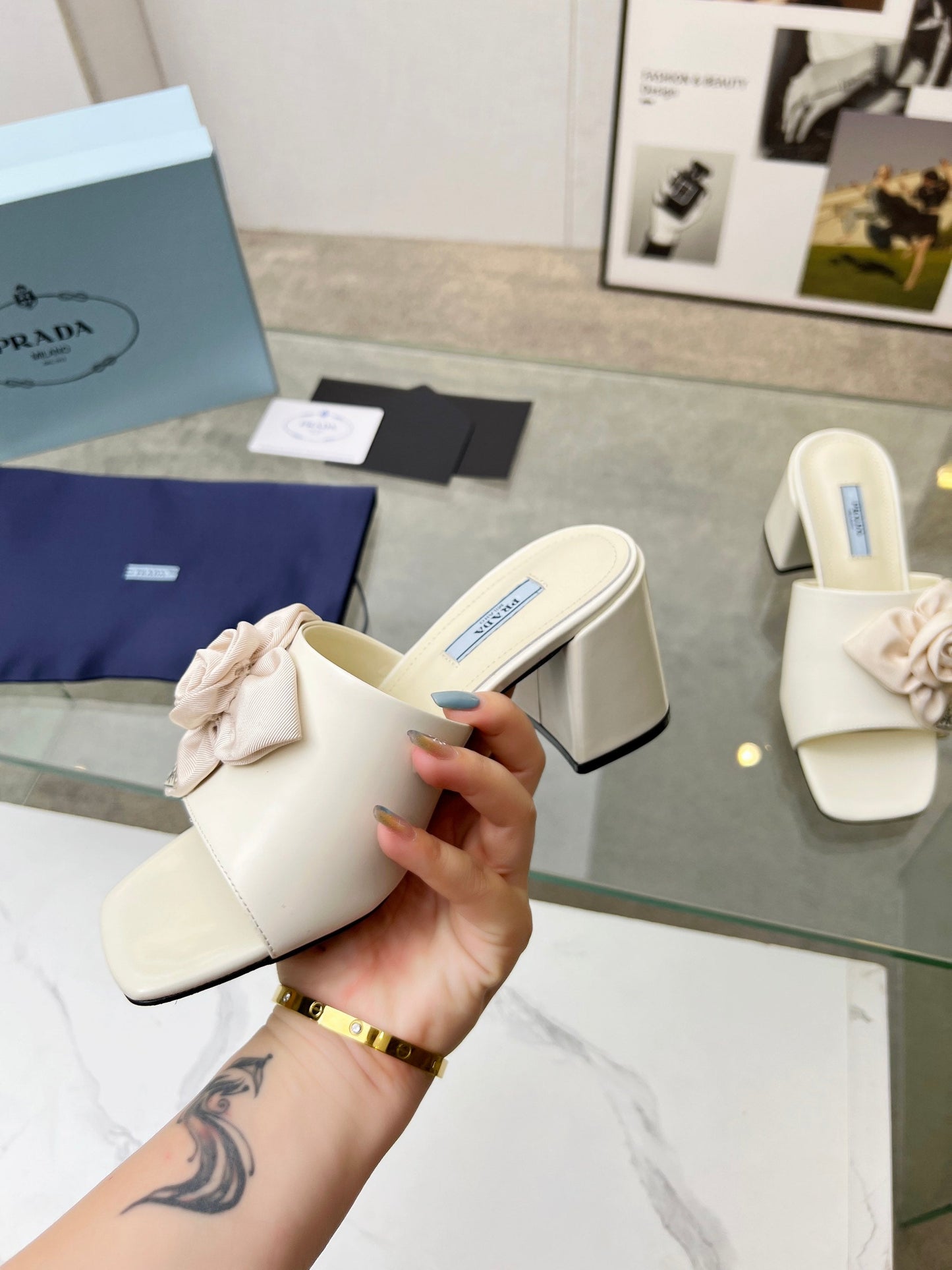 PRA FLOWER BLOCK HEELS 75 IVORY CALFSKIN - 35