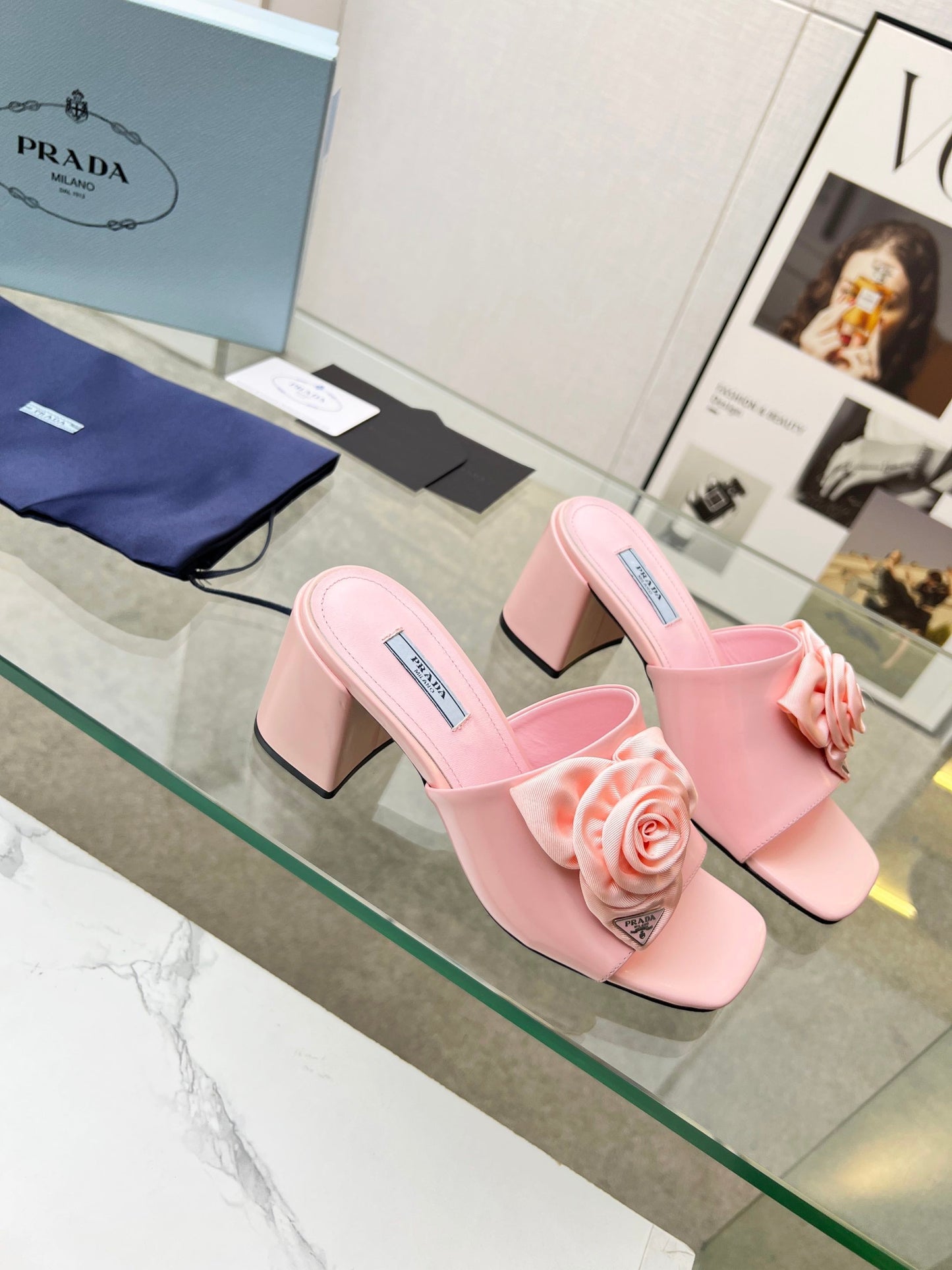 PRA FLOWER BLOCK HEELS 75 LIGHT PINK CALFSKIN - 35