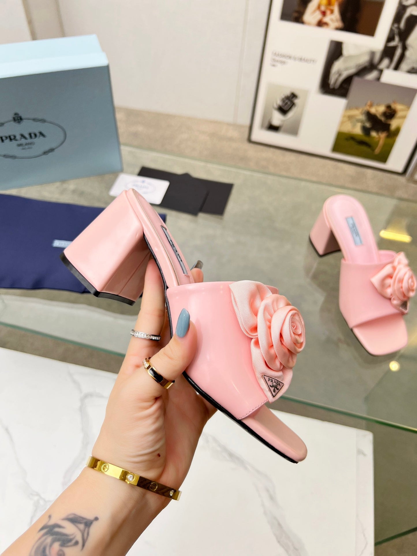 PRA FLOWER BLOCK HEELS 75 LIGHT PINK CALFSKIN - 35