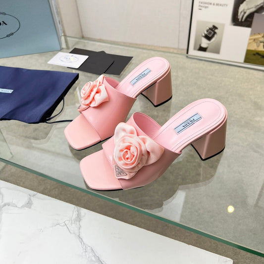PRA FLOWER BLOCK HEELS 75 LIGHT PINK CALFSKIN - 35