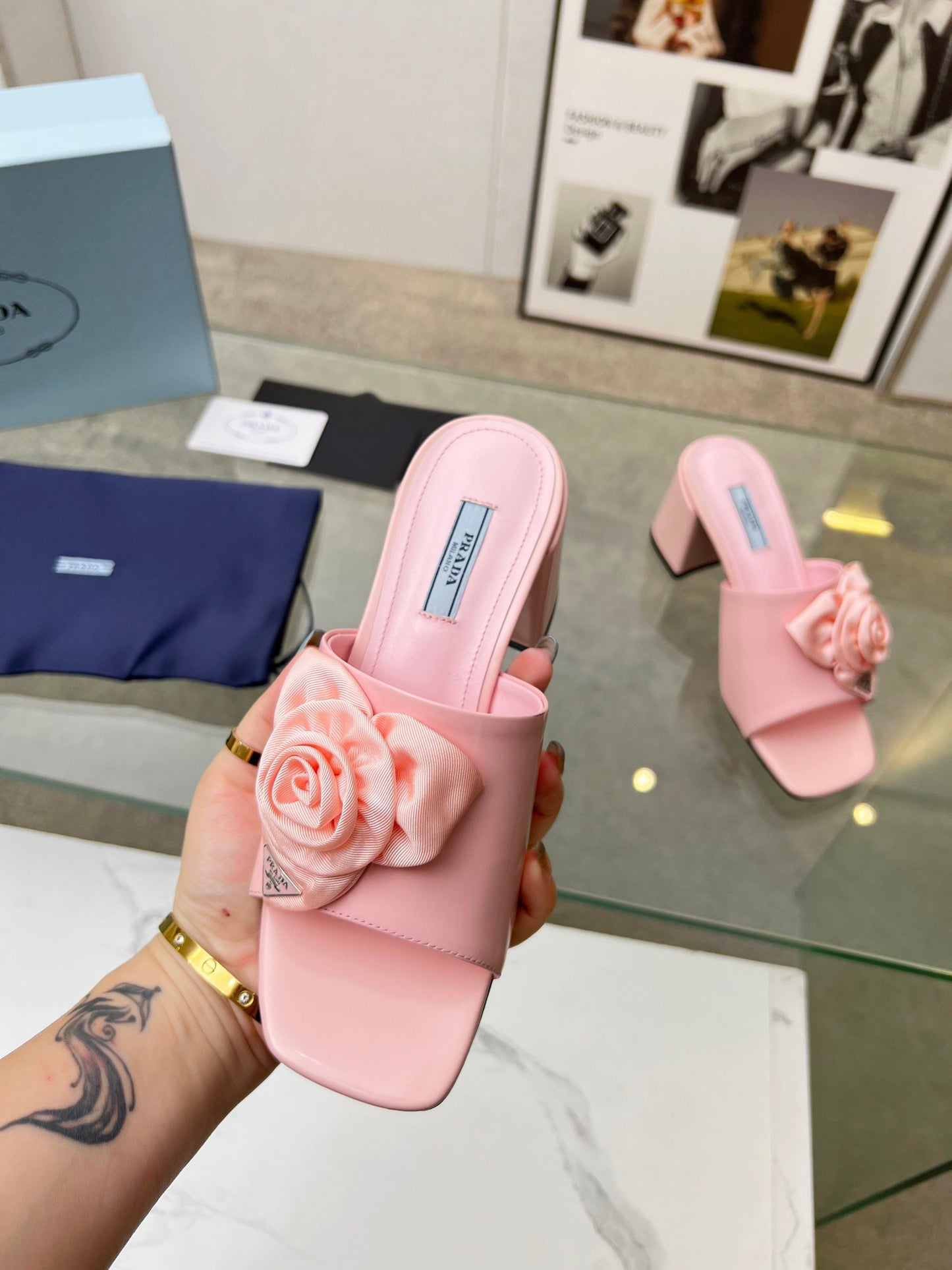 PRA FLOWER BLOCK HEELS 75 LIGHT PINK CALFSKIN - 35