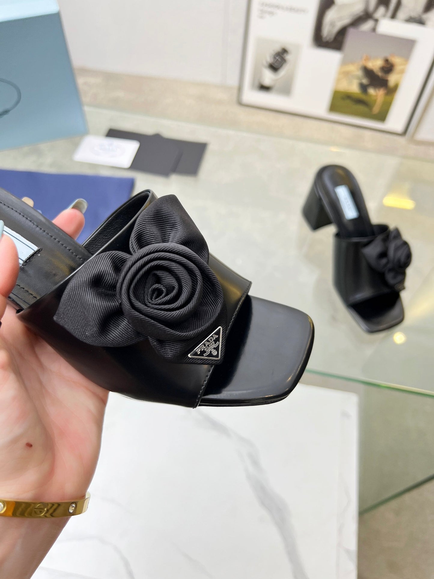 PRA FLOWER BLOCK HEELS 75 BLACK CALFSKIN - 35