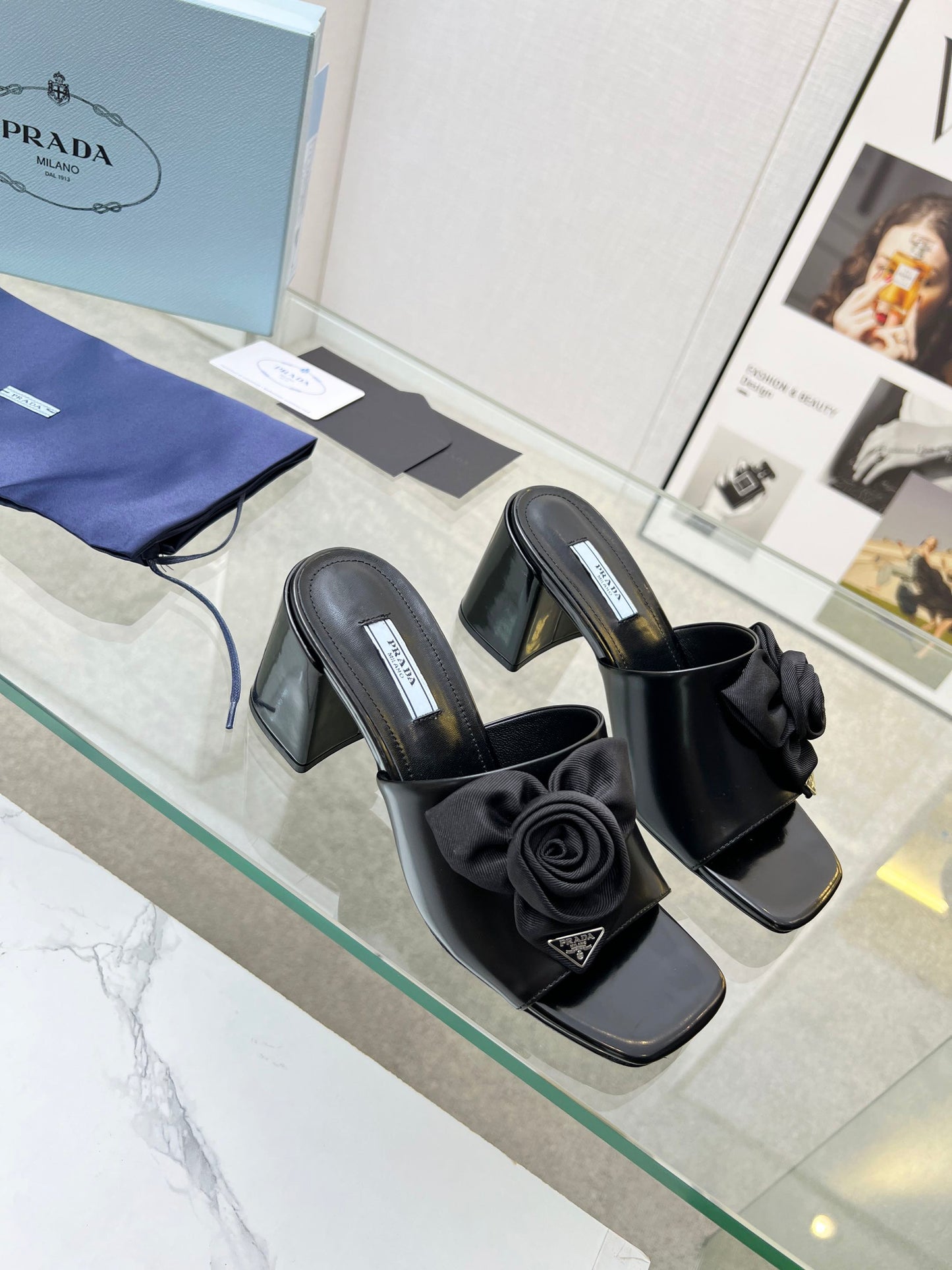 PRA FLOWER BLOCK HEELS 75 BLACK CALFSKIN - 35