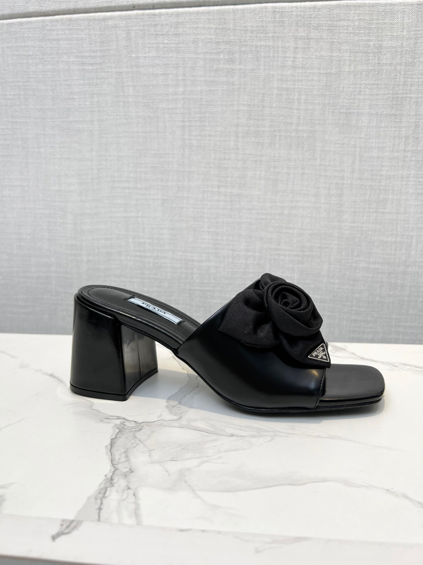 PRA FLOWER BLOCK HEELS 75 BLACK CALFSKIN - 35