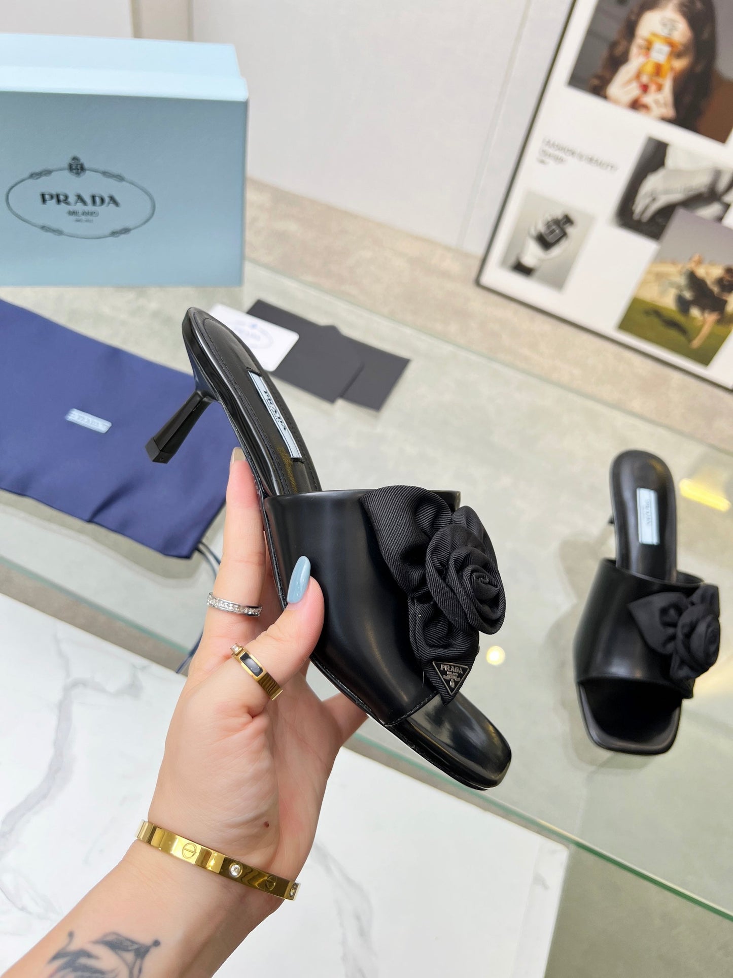 PRA FLOWER POINTED HEELS 55 BLACK CALFSKIN - 35
