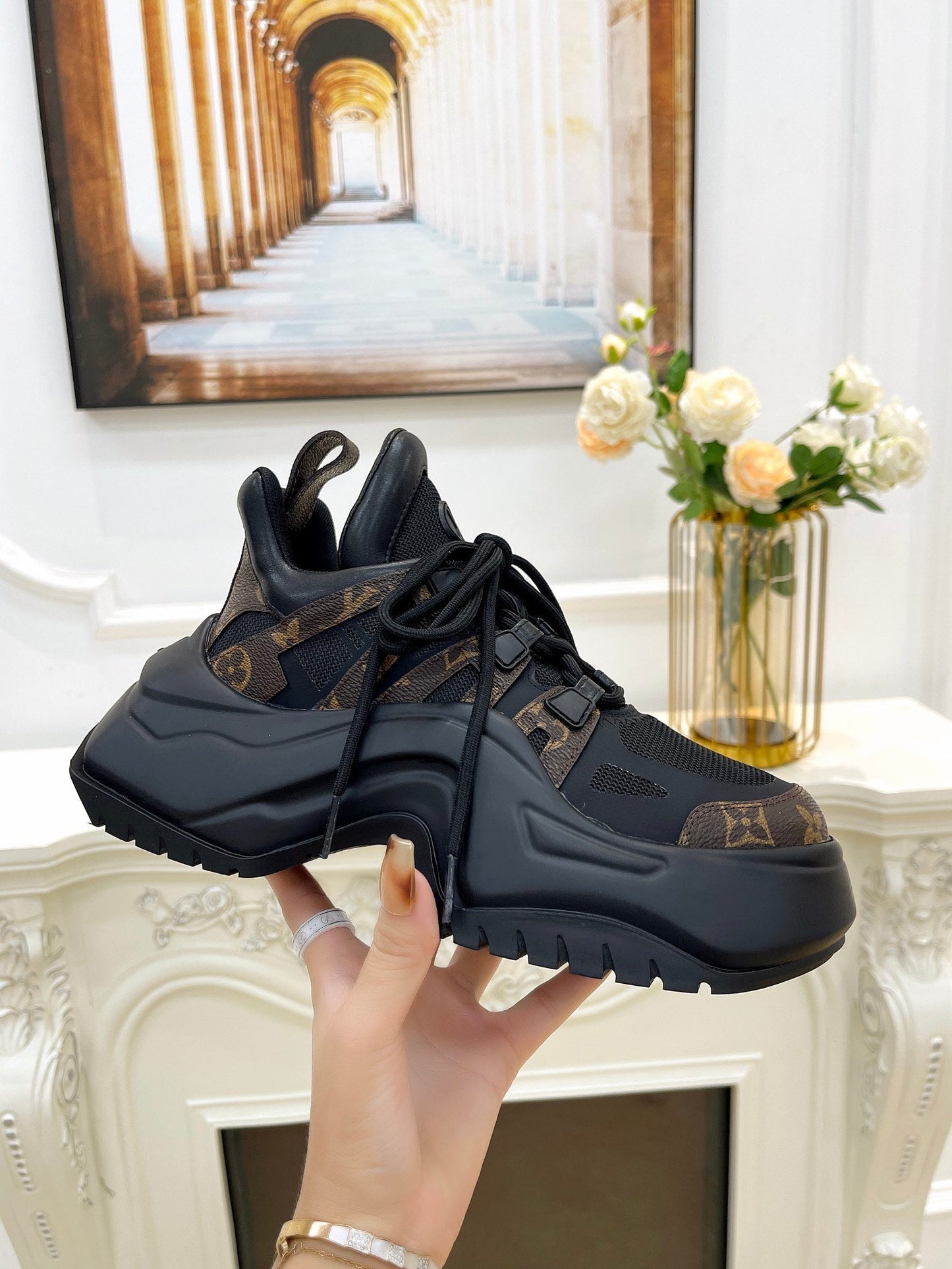 LV ARCHLIGHT 2.0 PLATFORM SNEAKER IN BLACK MIX CHOCOLATE BROWN MIX OF MATERIALS - 35