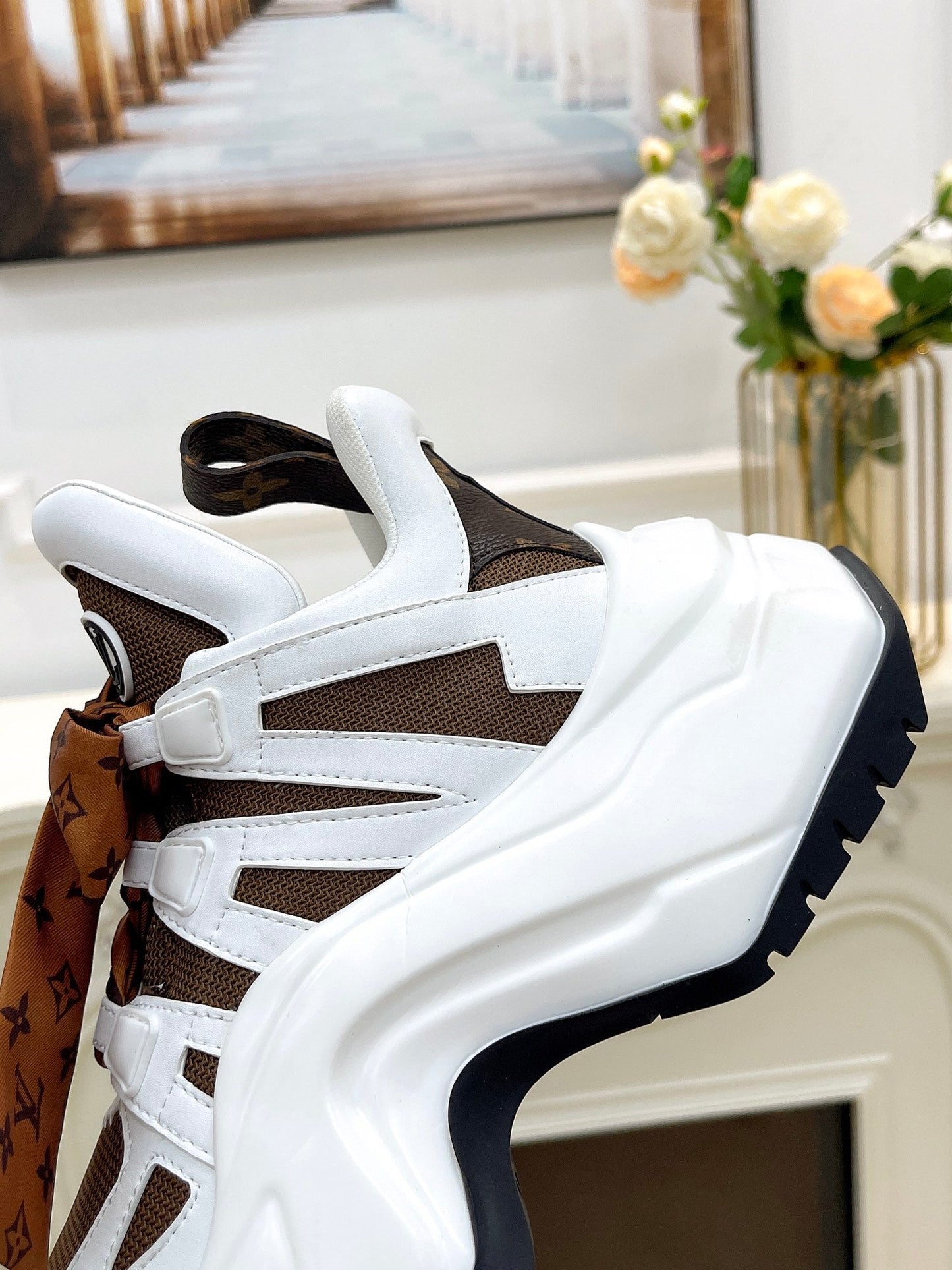 LV ARCHLIGHT 2.0 PLATFORM SNEAKER IN WHITE MIX CHOCOLATE BROWN MIX OF MATERIALS - 35