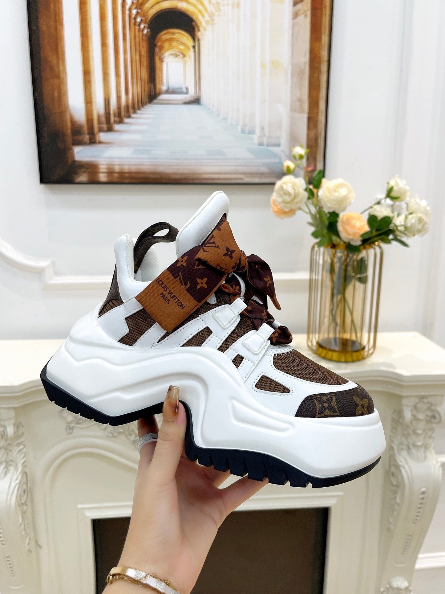 LV ARCHLIGHT 2.0 PLATFORM SNEAKER IN WHITE MIX CHOCOLATE BROWN MIX OF MATERIALS - 35