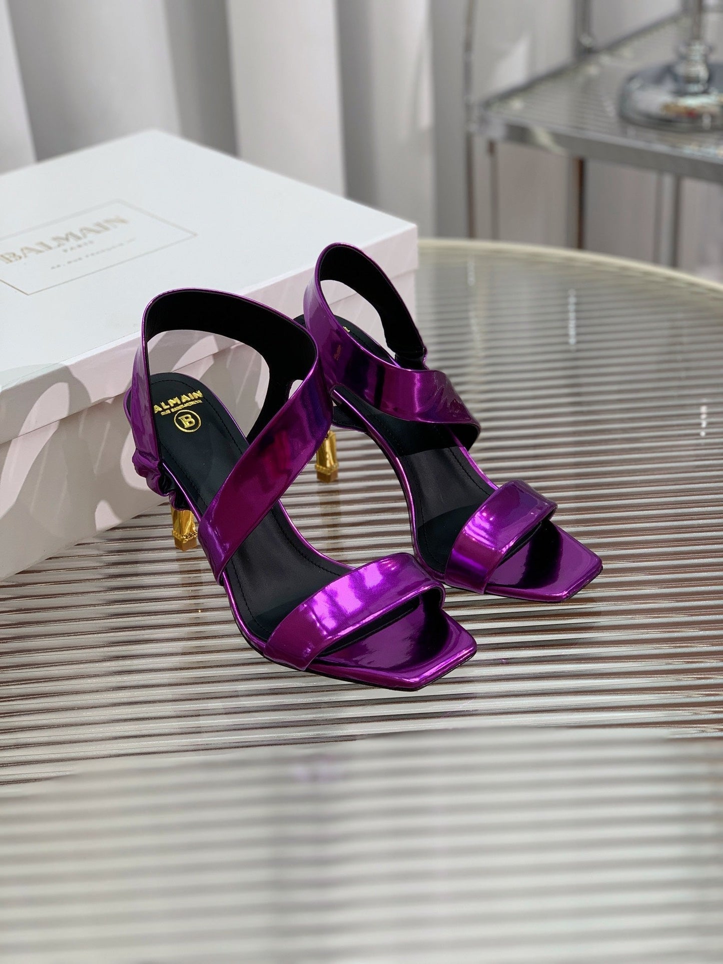 BALMAIN 25S HIGH HEEL SANDALS 95MM IN ROYAL PURPLE GLOSSY CALFSKIN - 35