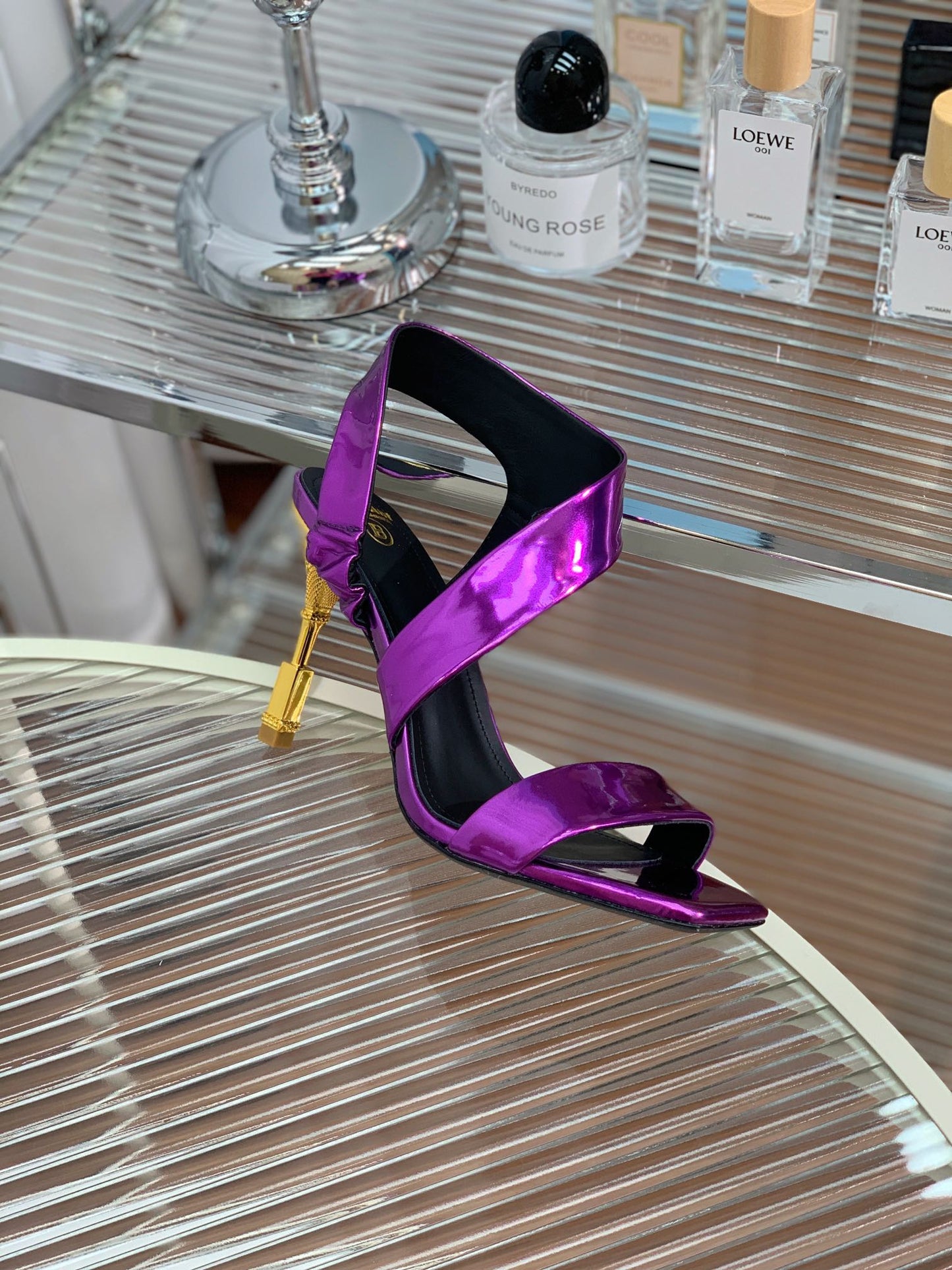 BALMAIN 25S HIGH HEEL SANDALS 95MM IN ROYAL PURPLE GLOSSY CALFSKIN - 35