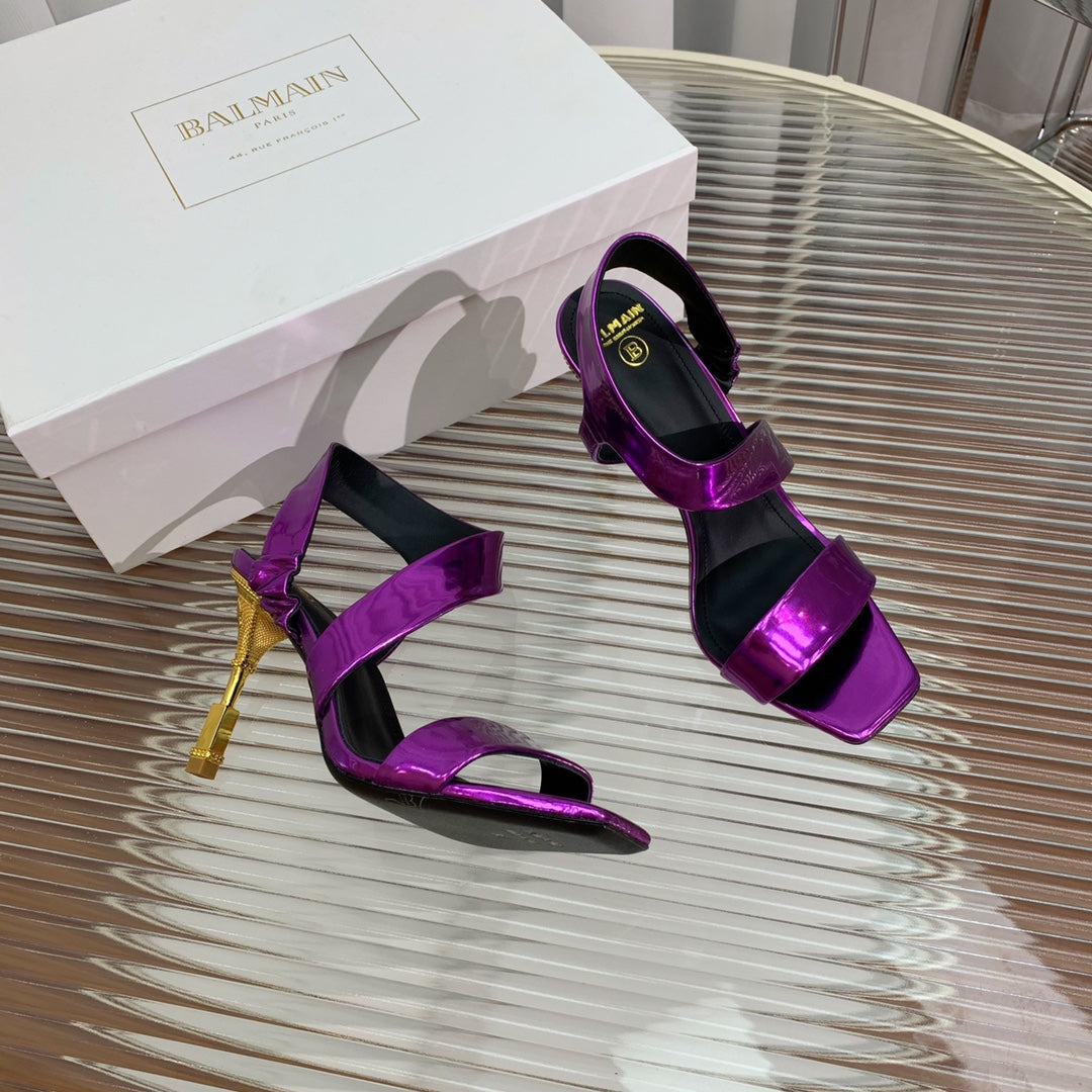 BALMAIN 25S HIGH HEEL SANDALS 95MM IN ROYAL PURPLE GLOSSY CALFSKIN - 35