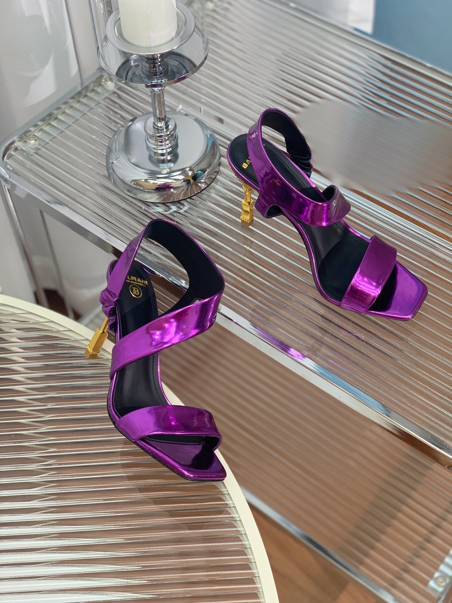 BALMAIN 25S HIGH HEEL SANDALS 95MM IN ROYAL PURPLE GLOSSY CALFSKIN - 35