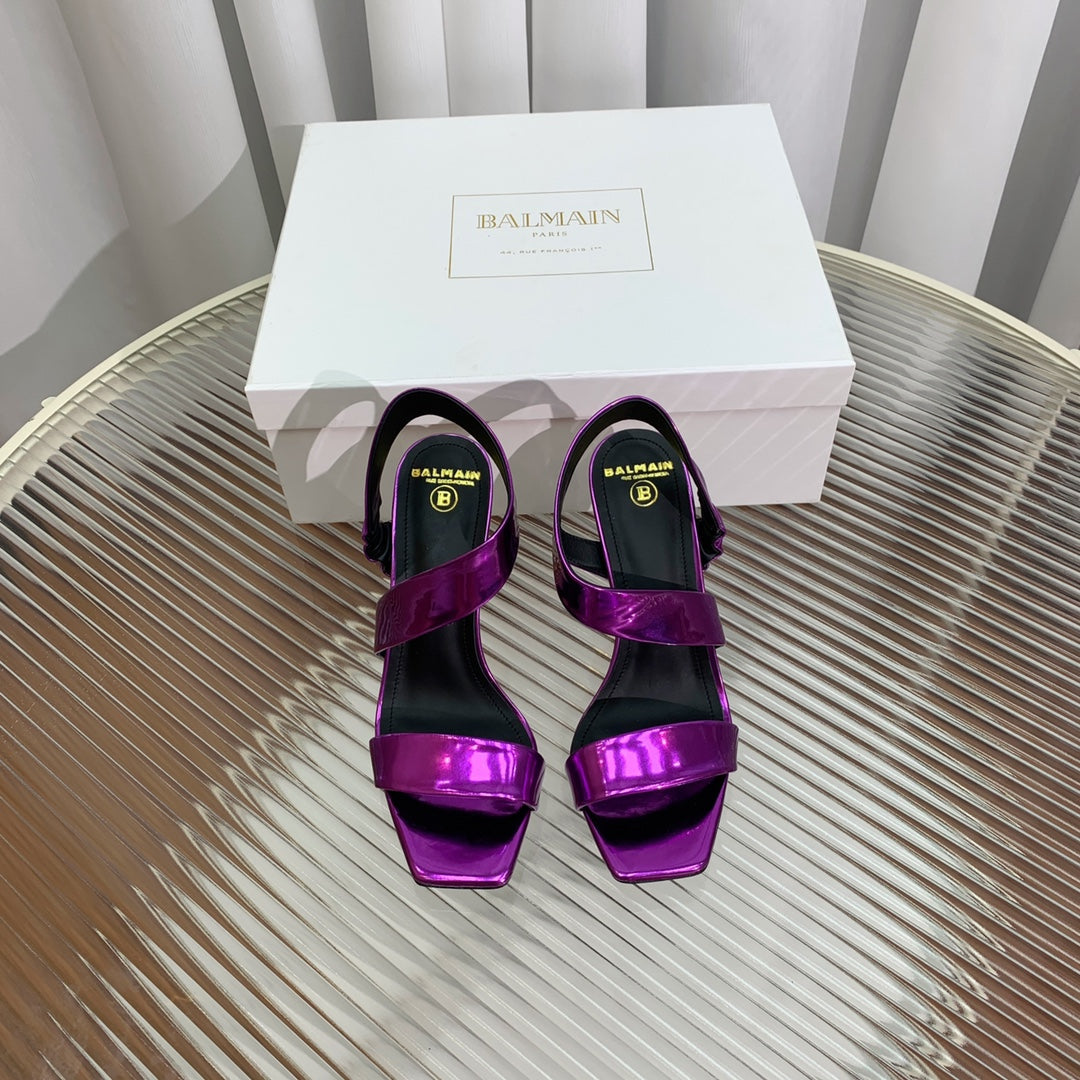 BALMAIN 25S HIGH HEEL SANDALS 95MM IN ROYAL PURPLE GLOSSY CALFSKIN - 35