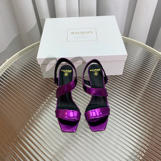 BALMAIN 25S HIGH HEEL SANDALS 95MM IN ROYAL PURPLE GLOSSY CALFSKIN - 35