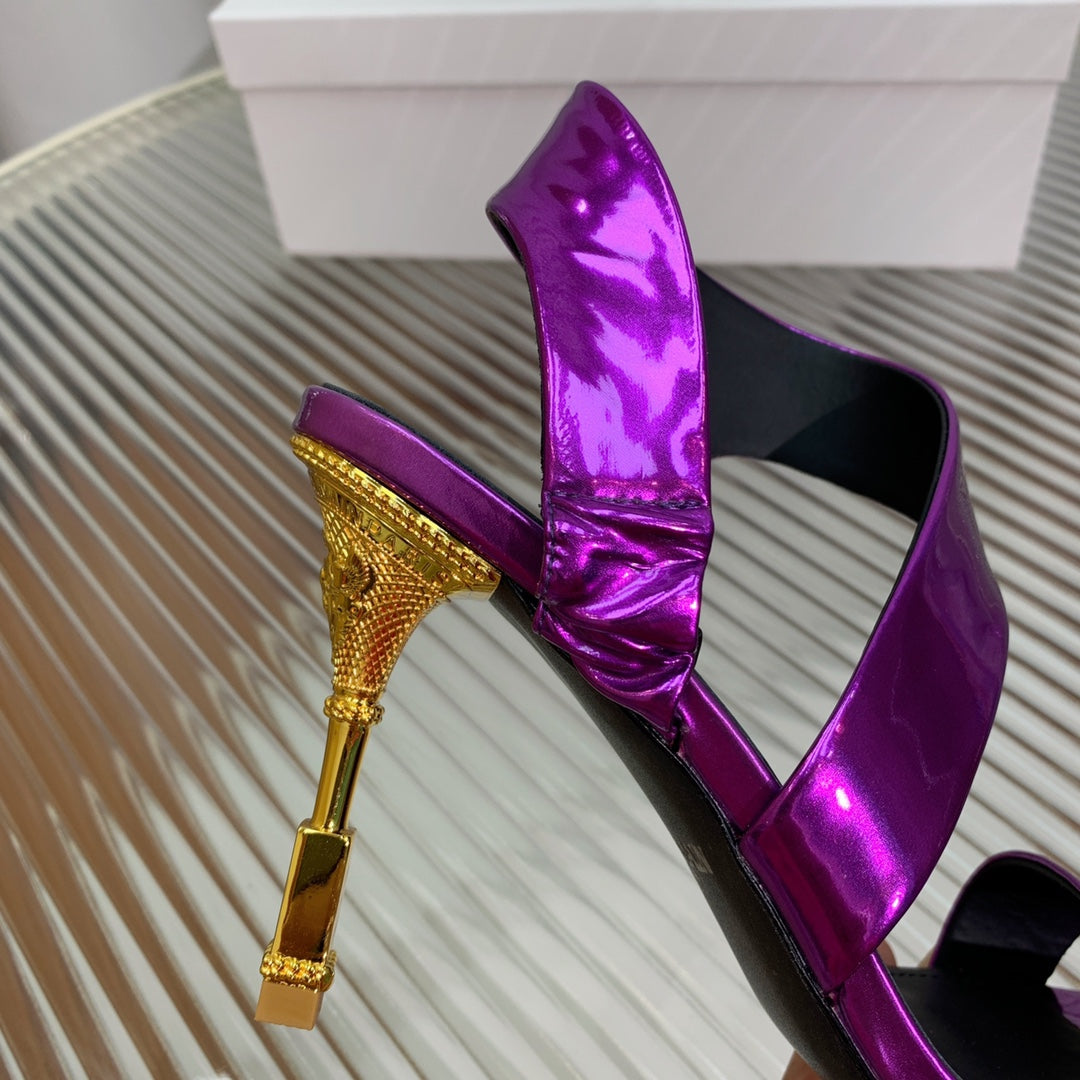 BALMAIN 25S HIGH HEEL SANDALS 95MM IN ROYAL PURPLE GLOSSY CALFSKIN - 35