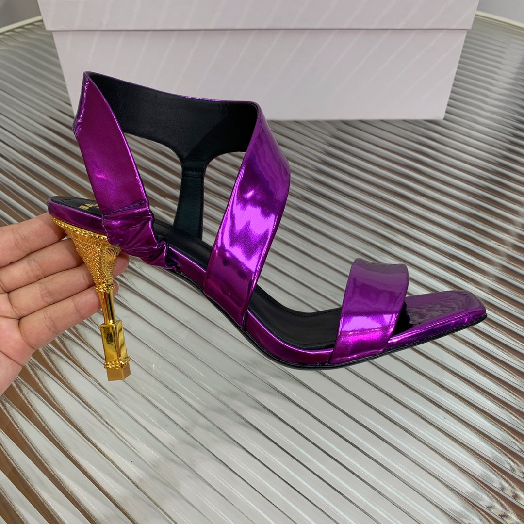 BALMAIN 25S HIGH HEEL SANDALS 95MM IN ROYAL PURPLE GLOSSY CALFSKIN - 35