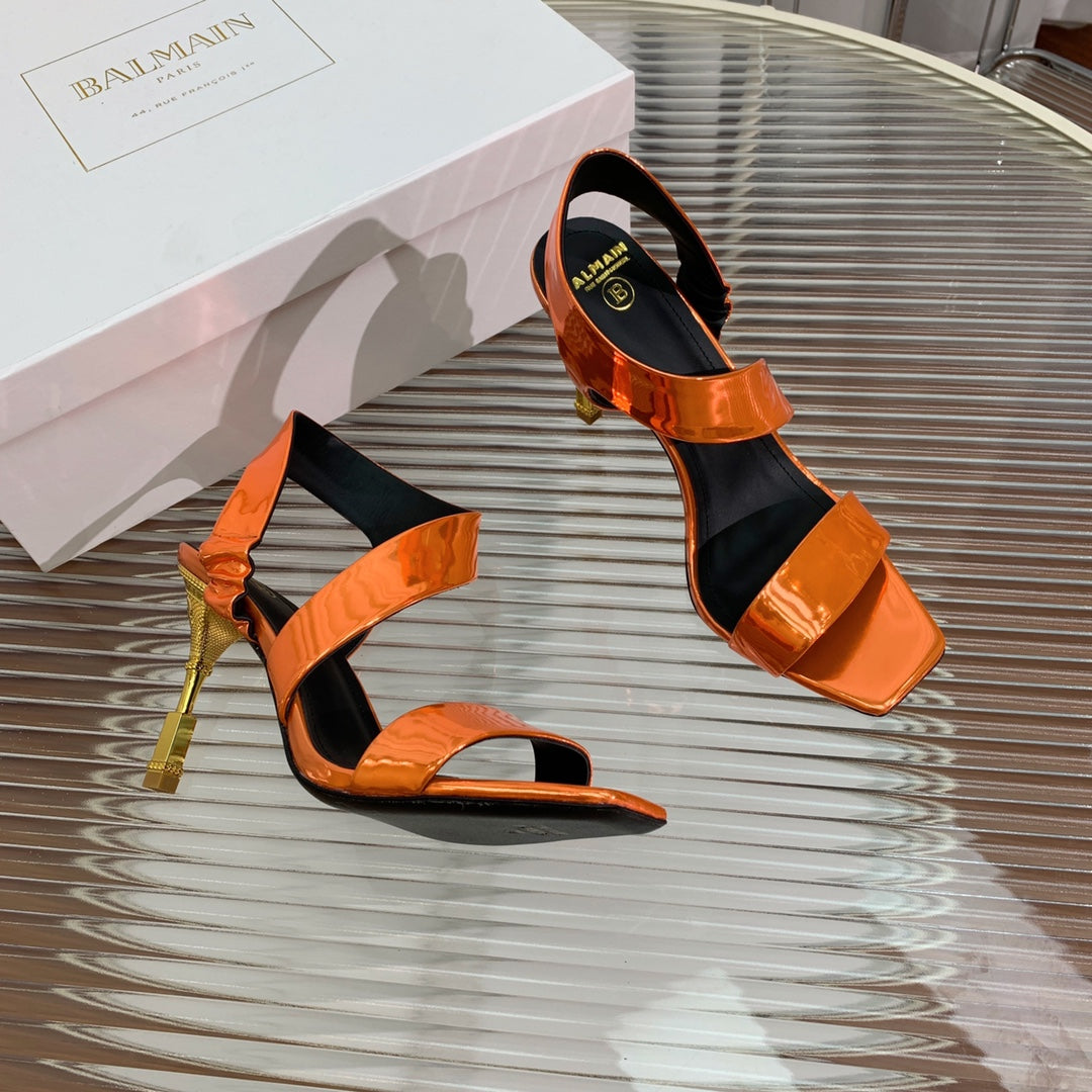 BALMAIN 25S HIGH HEEL SANDALS 95MM IN BURNT ORANGE GLOSSY CALFSKIN - 35